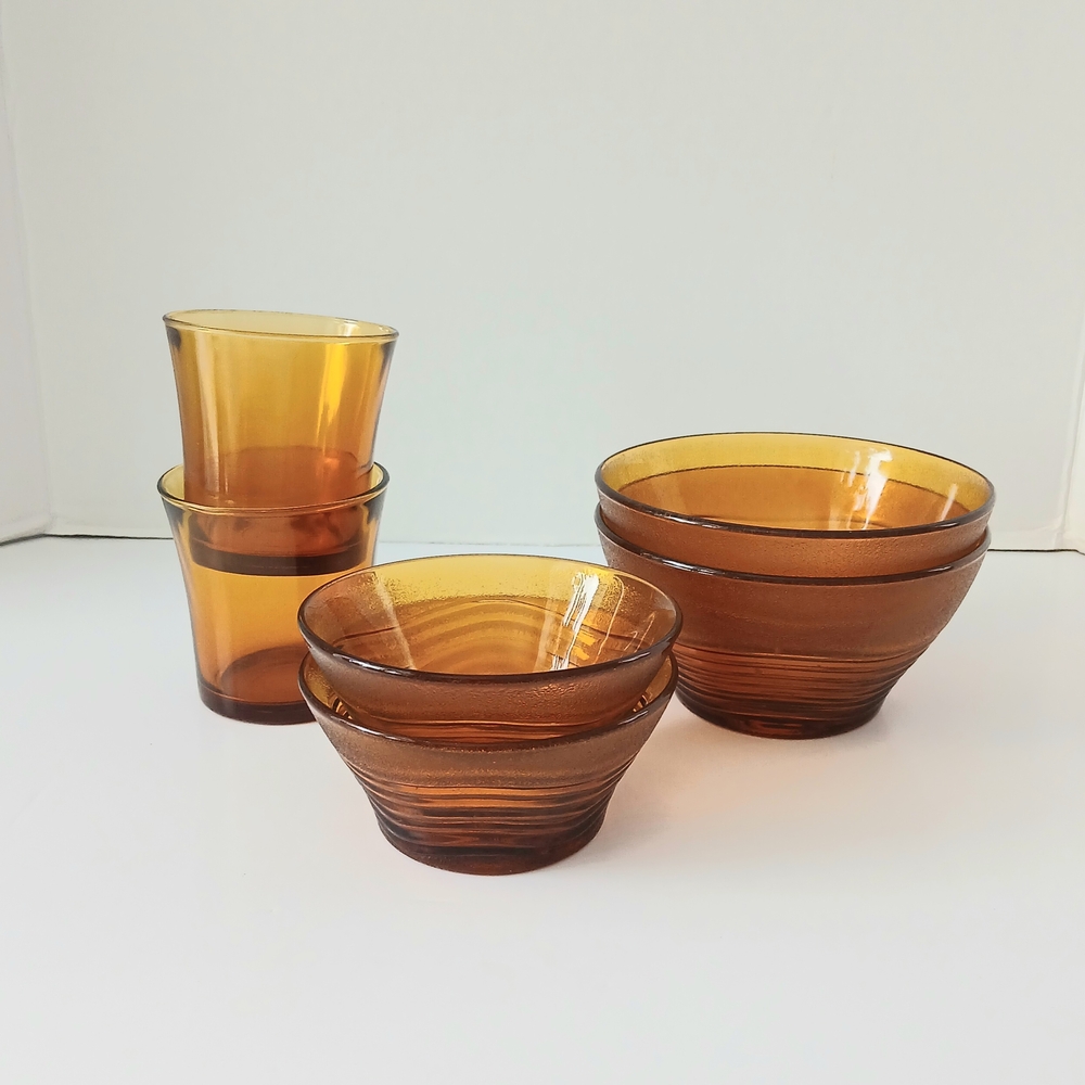 Vtg Duralex France Amber Glass Bowls And Glasses Ondine Pattern